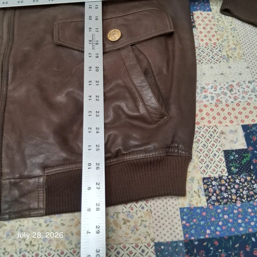 Tasso Elba Mens XL Brown Leather Bomber Jacket Full Zip Ribbed Waist Y2K Lined